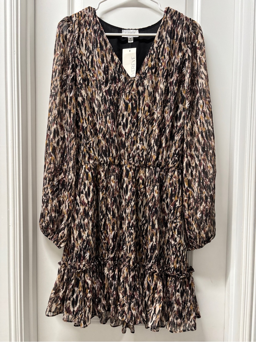 NWT Evereve Brown Multi-Print V-Neck Long Sleeve Tiered Dress- Size Medium- Fall